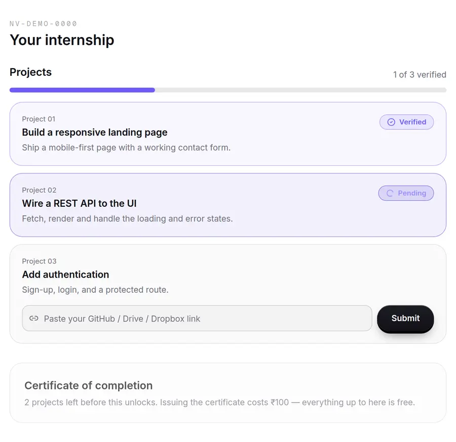 The intern dashboard, showing project tasks with verified, pending and to-do states and a progress bar